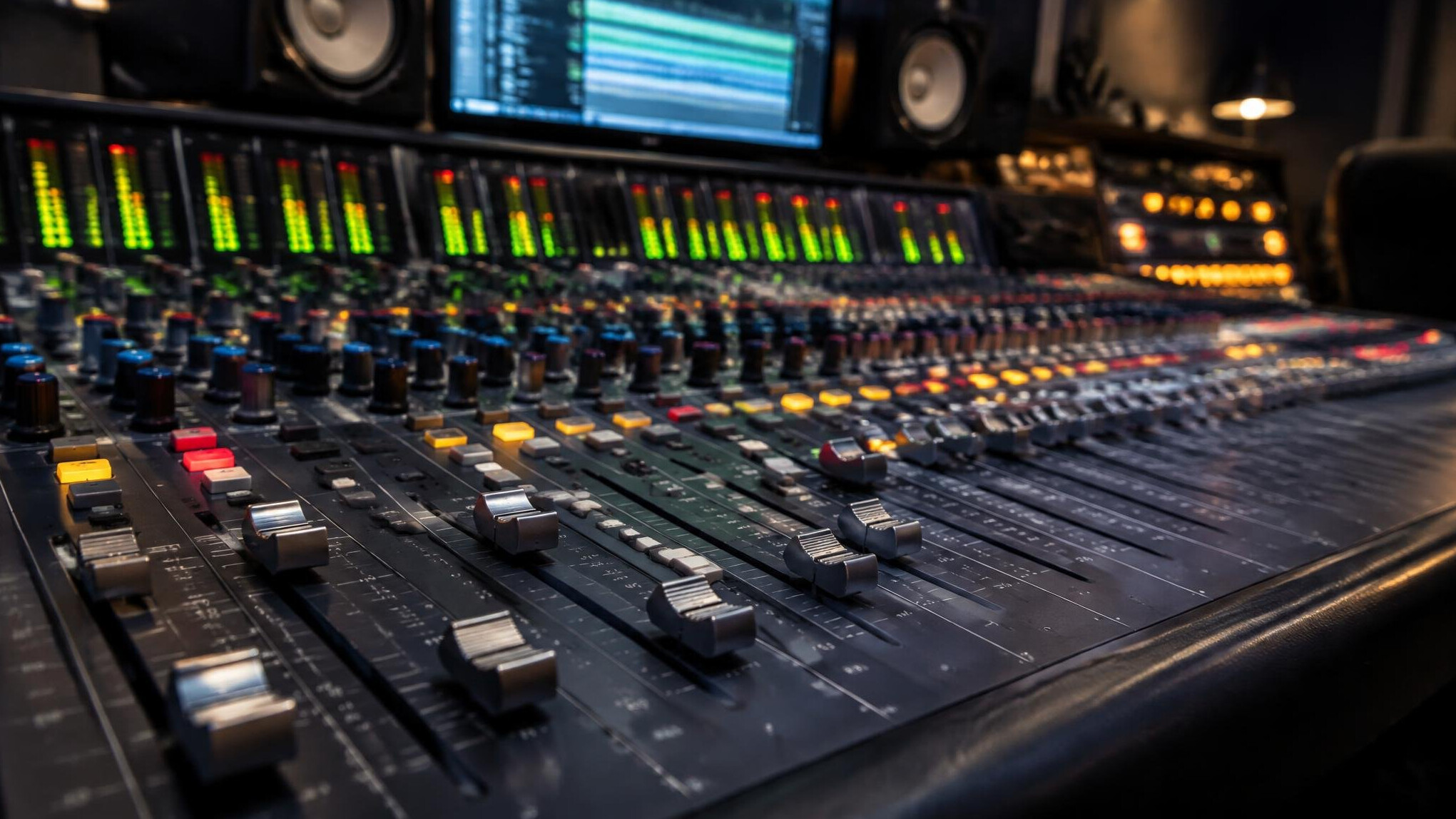 Audio mixing console with faders and knobs